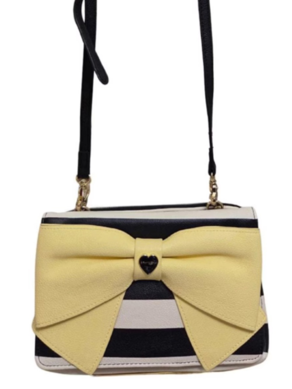 Betsey Johnson Black and White Striped Crossbody Purse with Yellow Bow